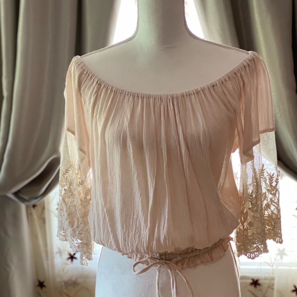 True Destiny - Beige Boho Crop Top, Open Shoulders -A